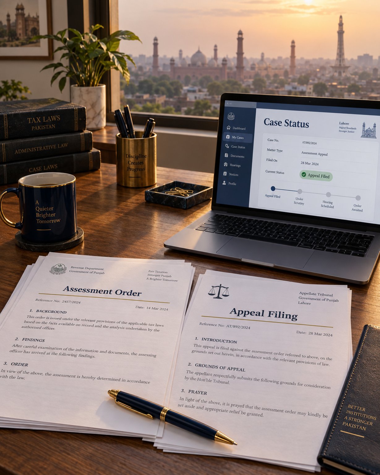 A printed FBR assessment order and appeal filing document on a desk, a laptop showing a case status screen, a warm hazy Lahore skyline through the window behind