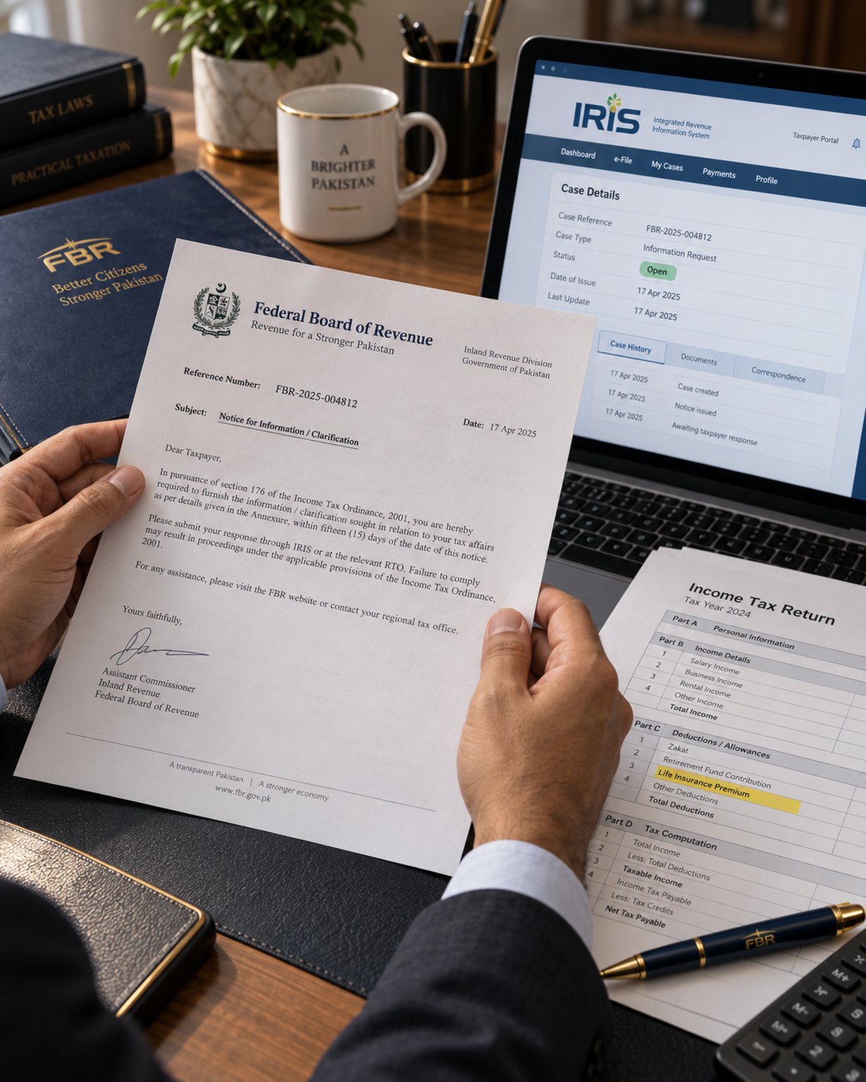 A pair of hands holding a printed FBR audit notice beside a laptop showing the IRIS portal with a case reference number, on a desk with a highlighted tax return