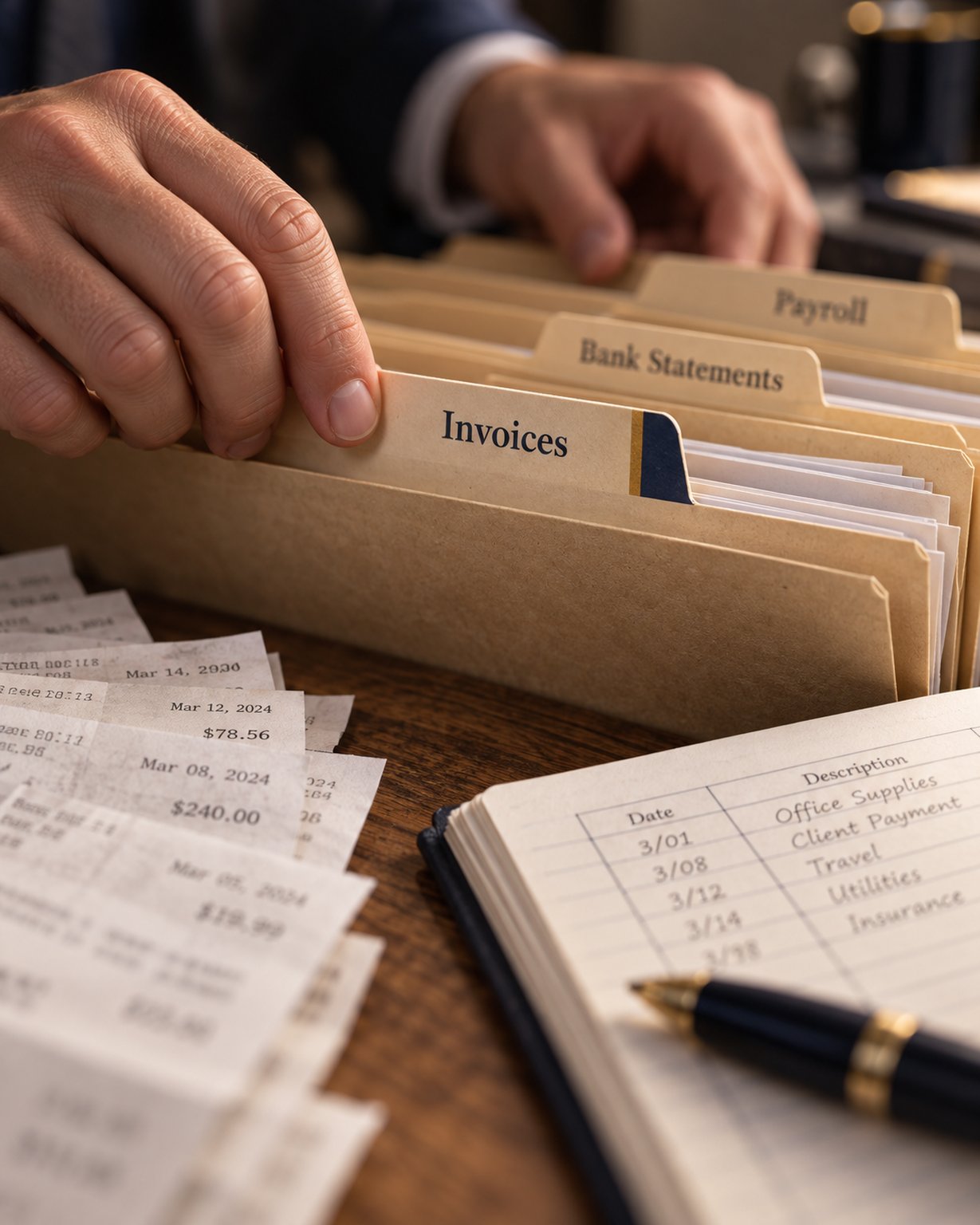 Macro close-up of hands sorting labeled document folders and a stack of dated receipts beside an open ledger and a pen