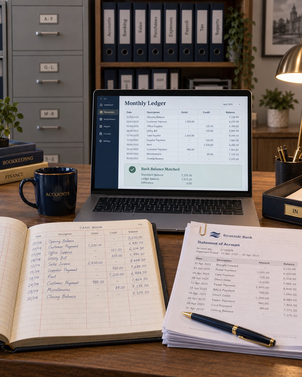 A bound ledger open beside printed bank reconciliation statements on a desk, a laptop showing a spreadsheet of monthly transactions, with rows of labeled filing cabinets in soft focus behind