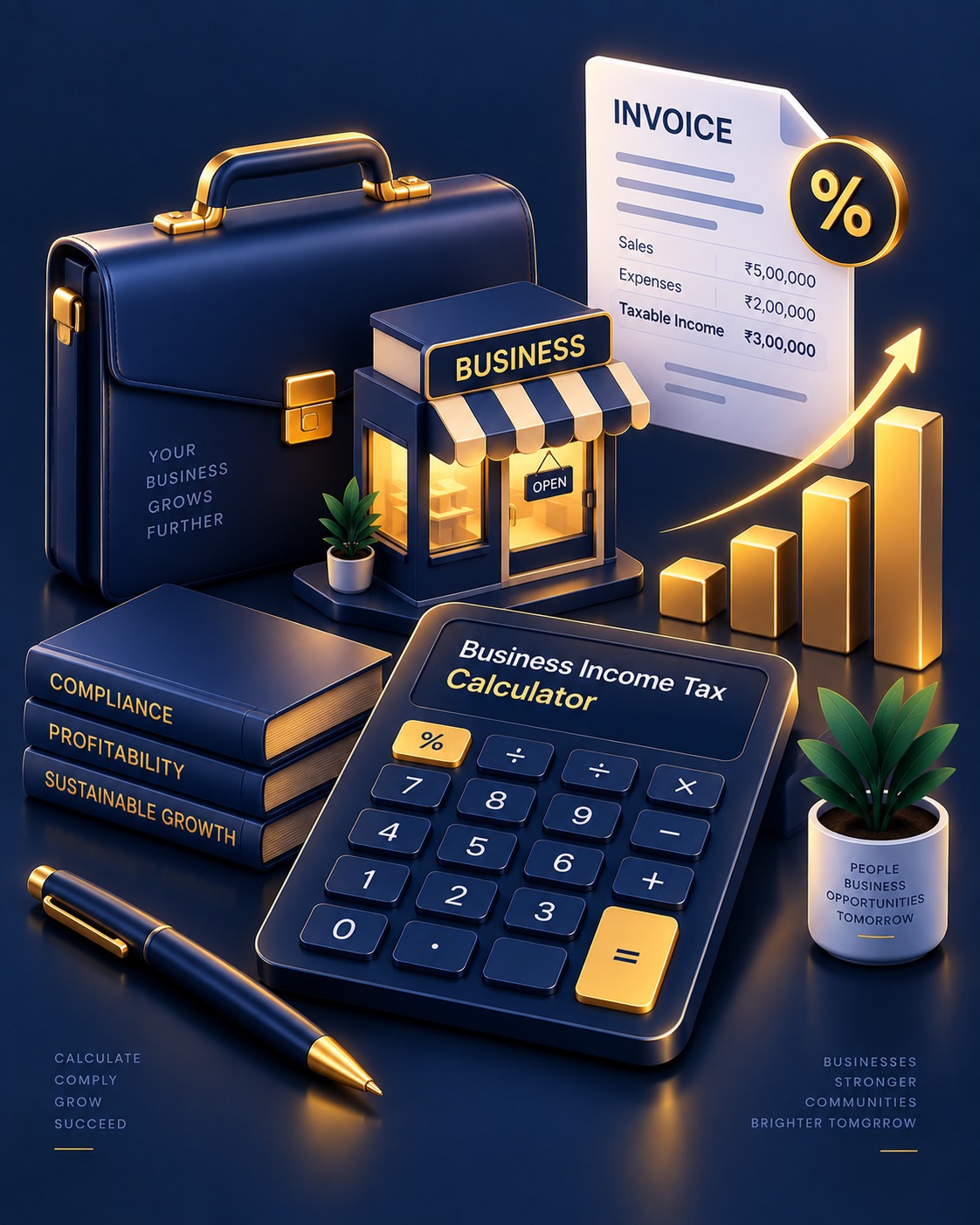 Isometric illustration of a briefcase, a small business storefront, and an invoice with rising profit bars, representing the Business Income Tax Calculator