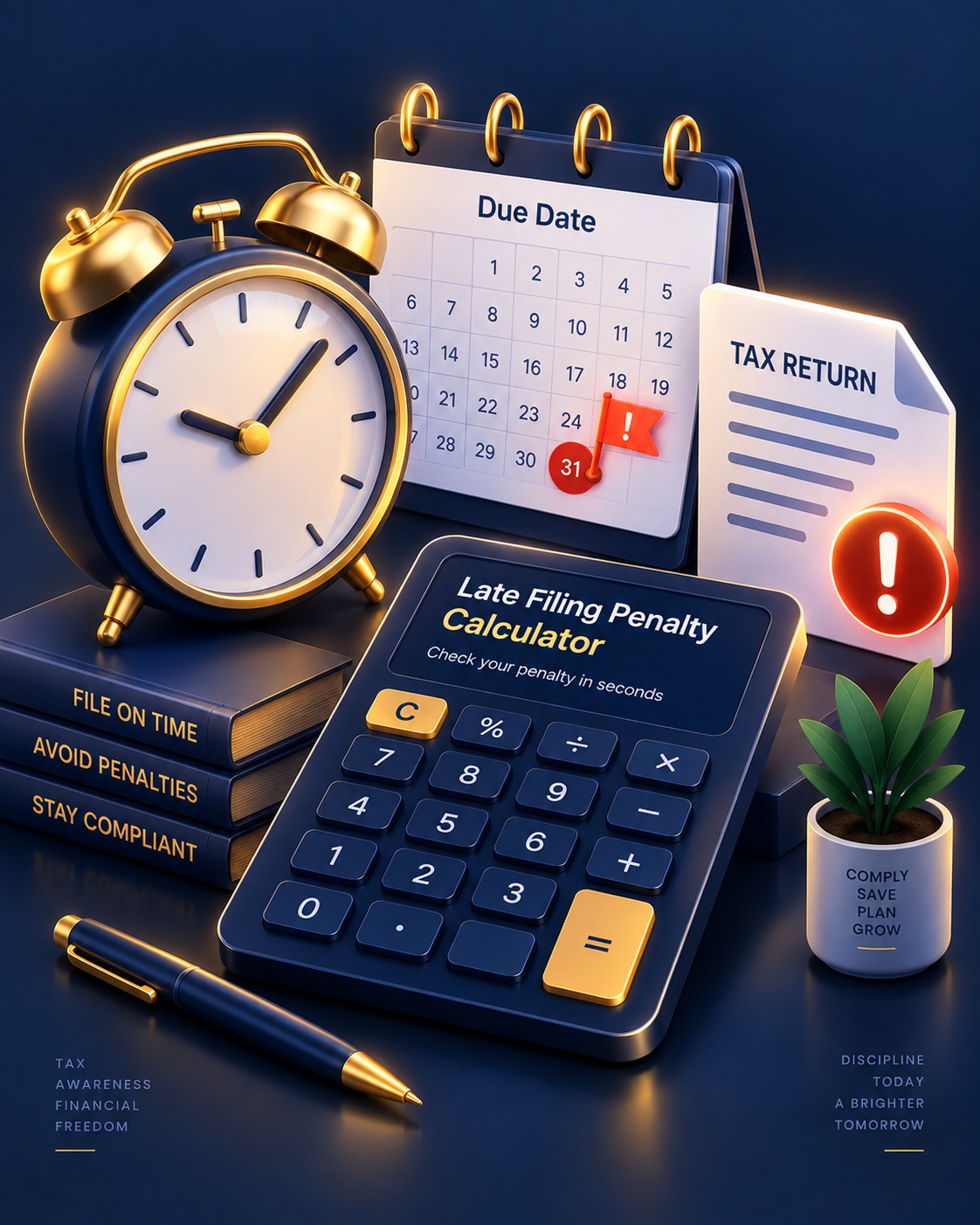 Isometric illustration of an alarm clock, a calendar marked with a filing due date, and a tax return flagged with a penalty warning