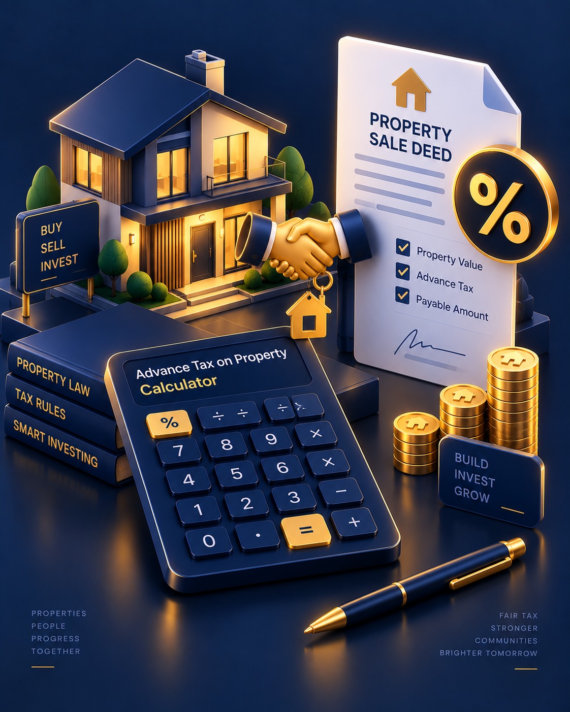Isometric illustration of a house, a handshake, and a property sale deed, representing the Advance Tax on Property Calculator