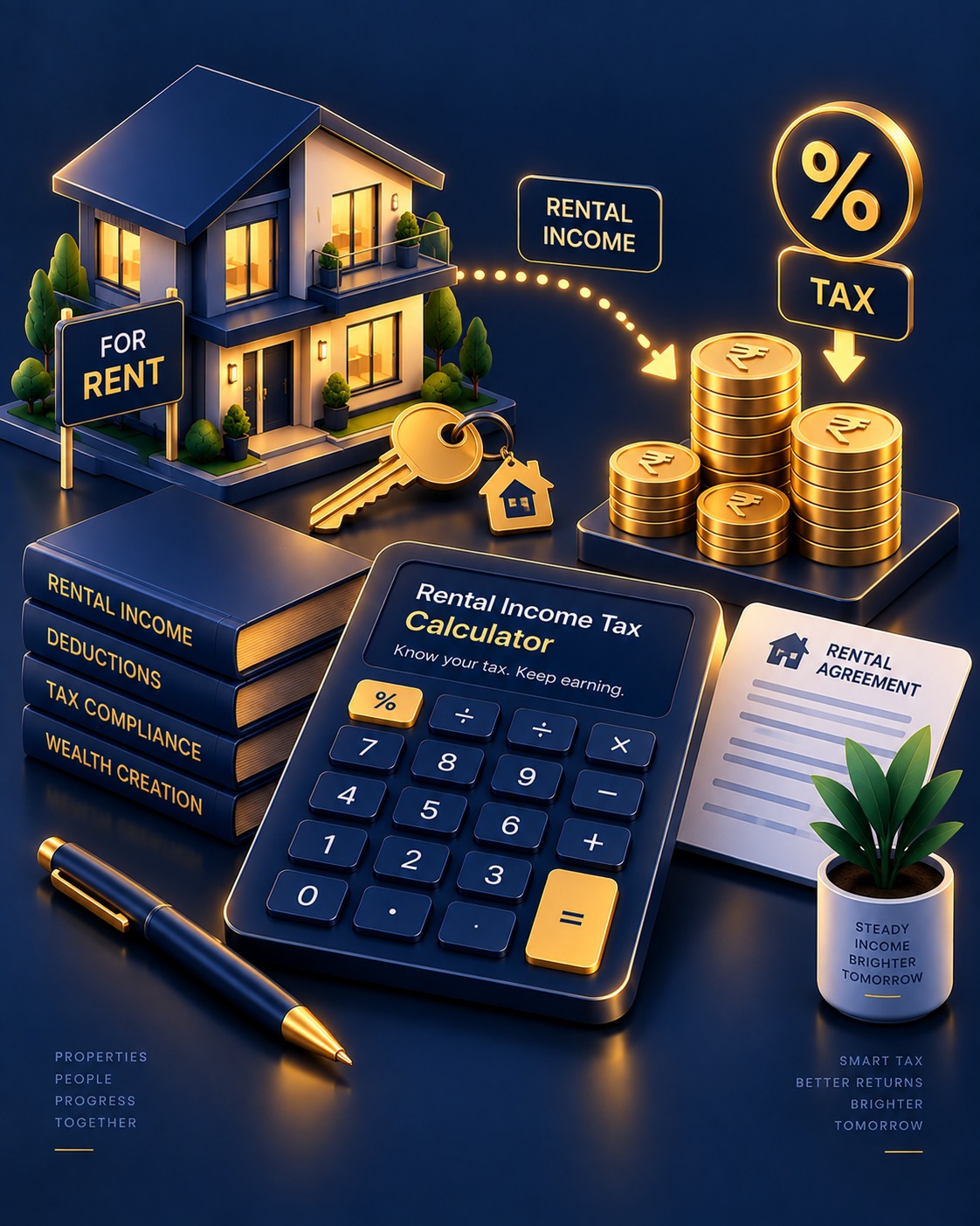Isometric illustration of a house for rent, keys, and rupee coins flowing into a rental income tax calculation