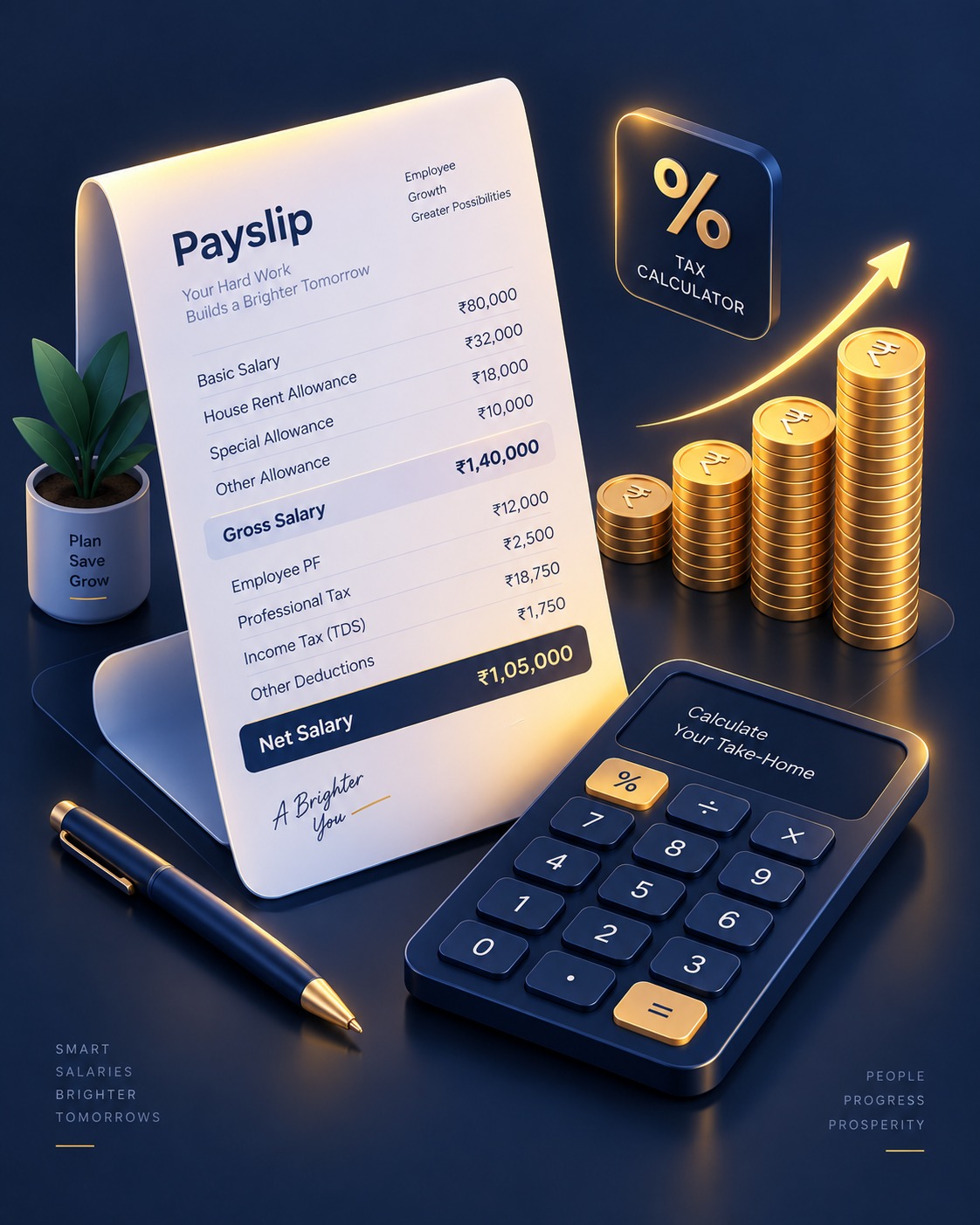 Isometric illustration of a payslip, rising rupee coin stacks, and a tax calculator, representing the Salary Tax Calculator