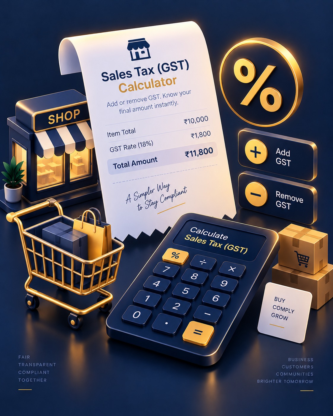 Isometric illustration of a sales receipt, a shopping cart, and a storefront, representing the Sales Tax (GST) Calculator
