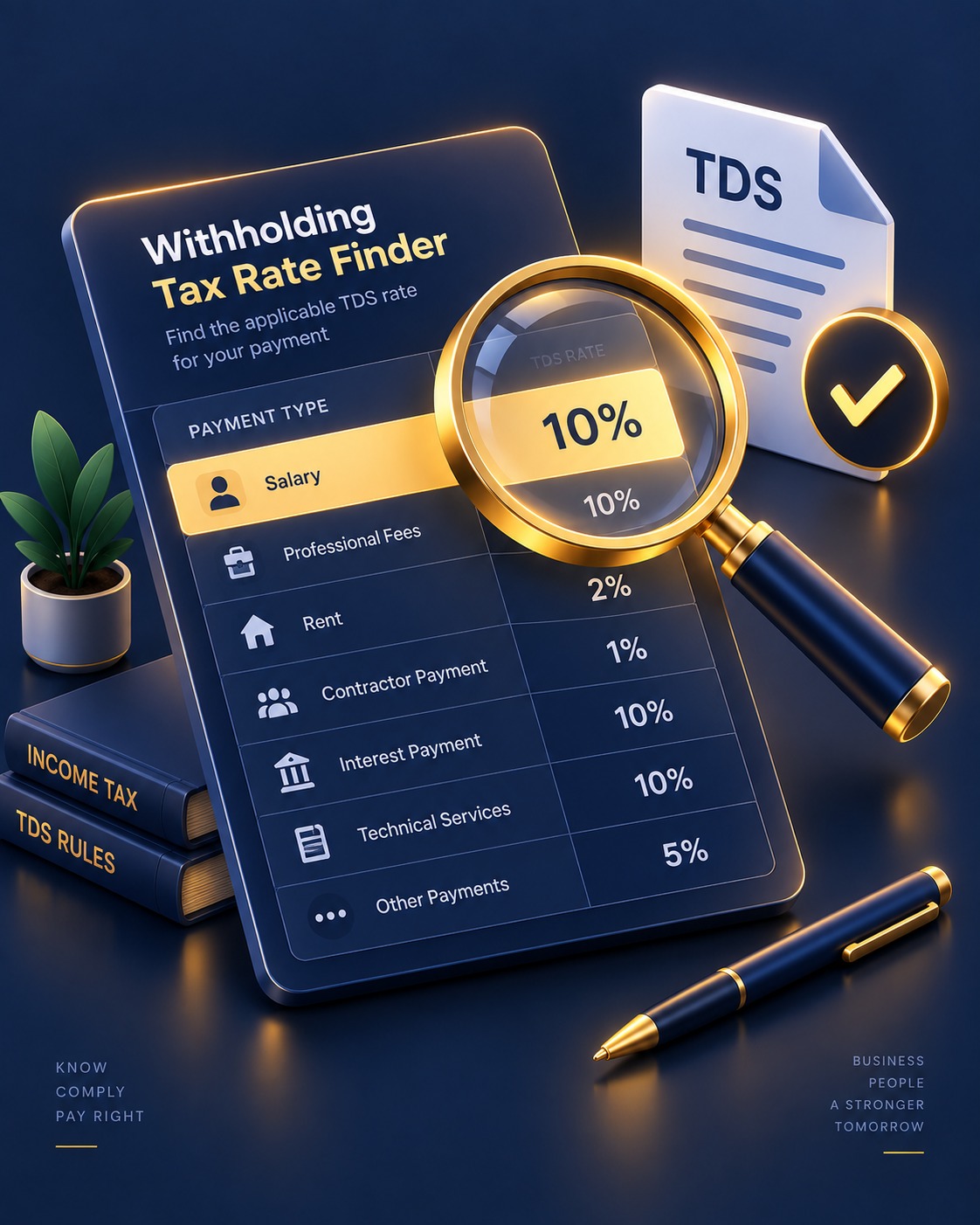 Isometric illustration of a magnifying glass finding the applicable withholding tax rate on a TDS rate table