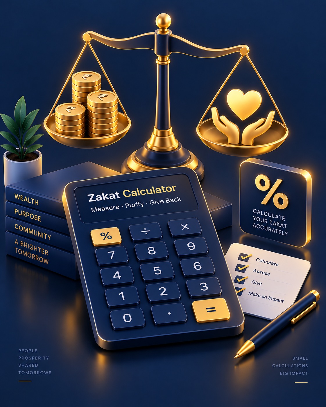Isometric illustration of a balance scale weighing gold coins against a symbol of giving, representing the Zakat Calculator