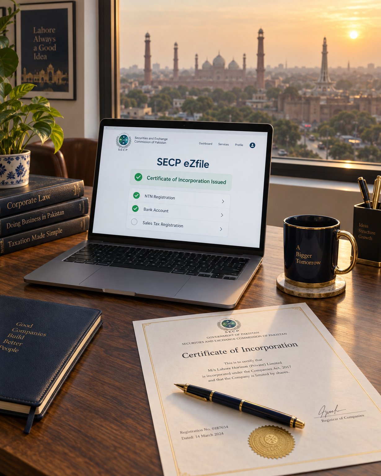 A printed Certificate of Incorporation and a laptop showing a post-incorporation checklist with NTN registration and bank account items, Lahore skyline through the window at golden hour