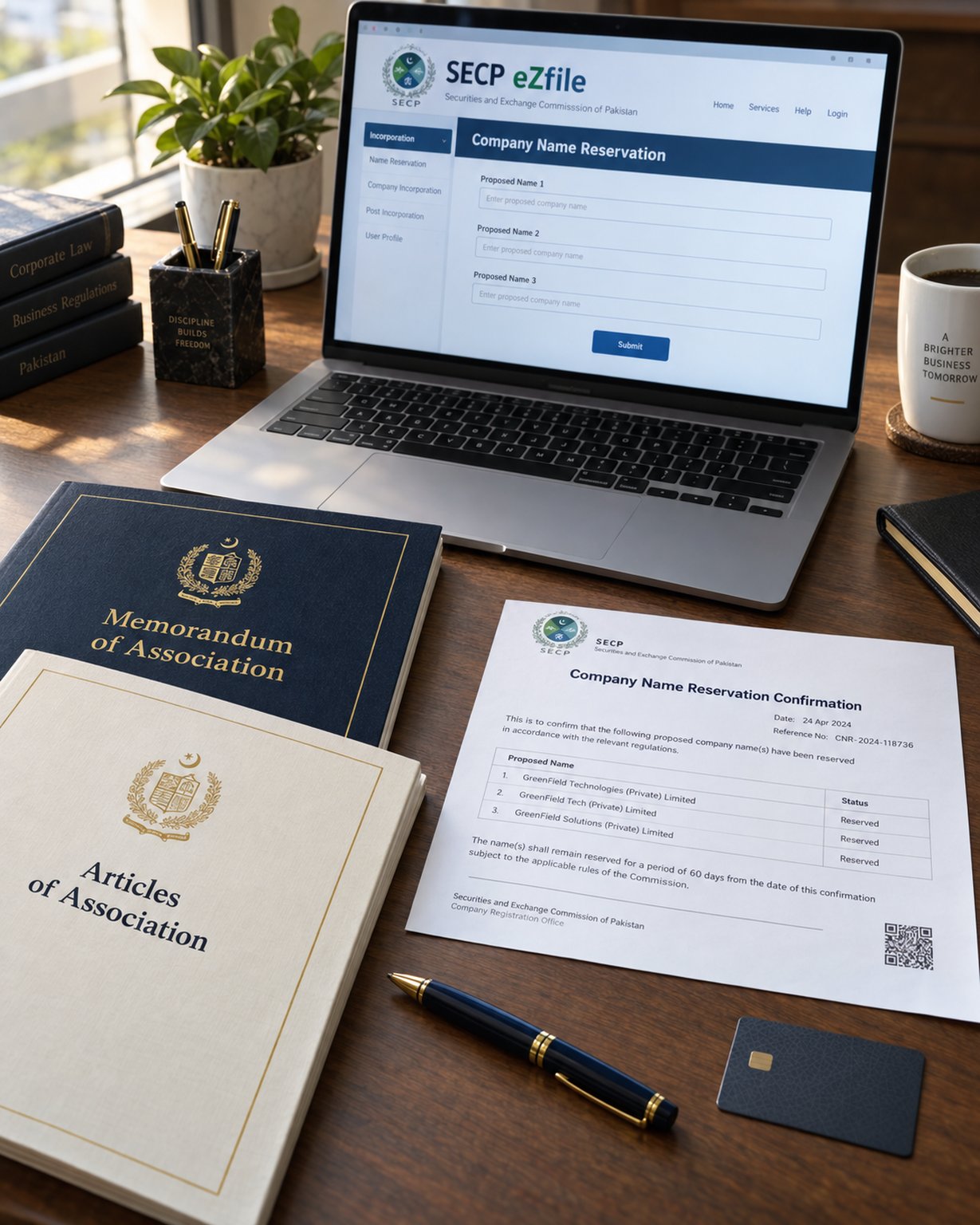 A laptop showing the SECP eZfile company name reservation portal, printed Memorandum and Articles of Association cover pages, and a name reservation slip on a desk