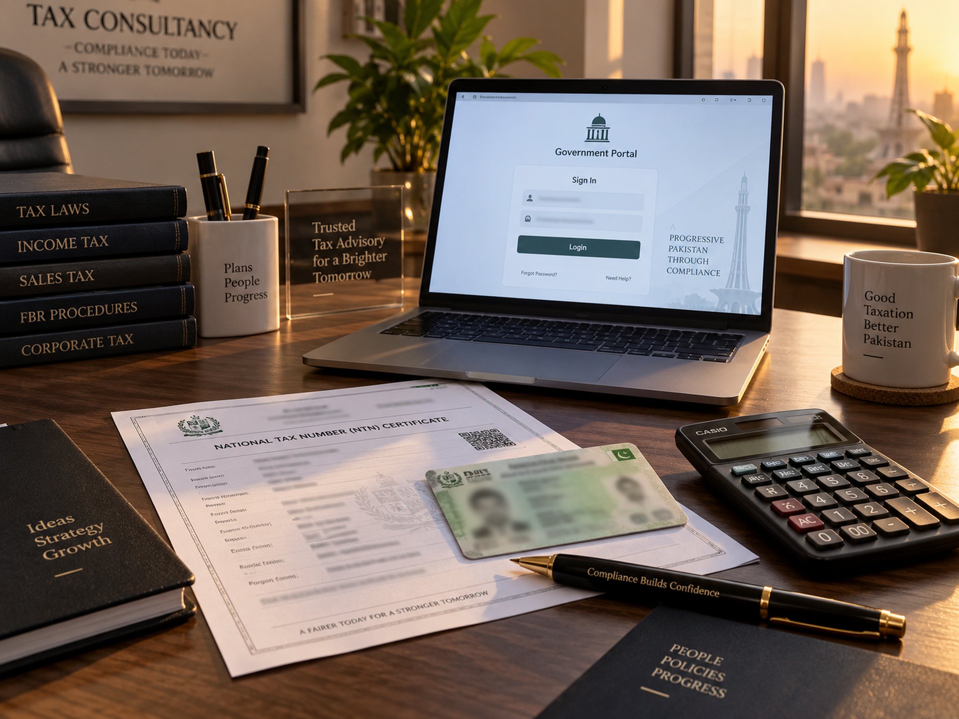 CNIC, printed NTN certificate, and a laptop showing the FBR IRIS registration portal on a consultant's desk