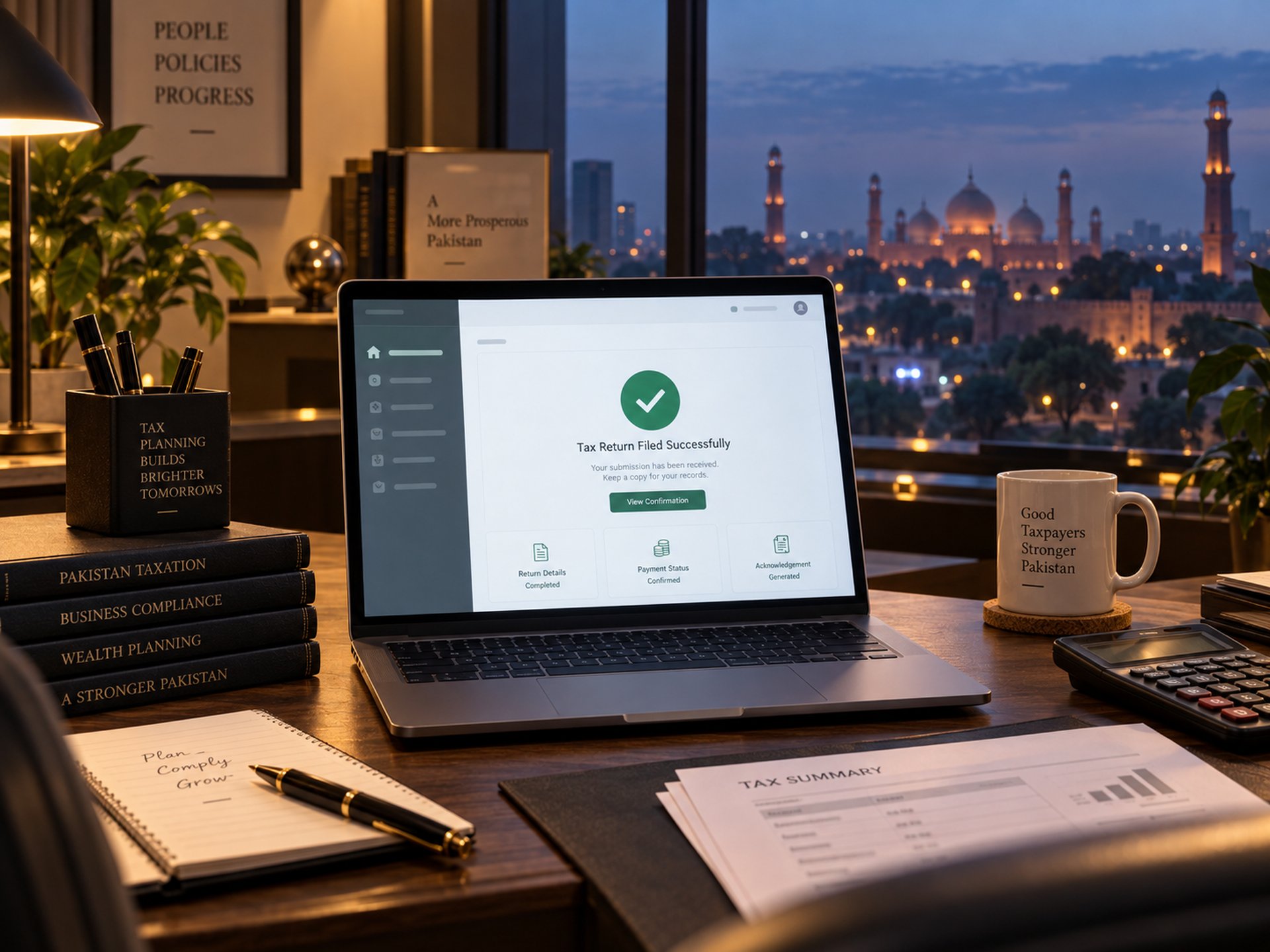 Tax return filed successfully on a laptop, with the Lahore skyline visible through the office window at dusk
