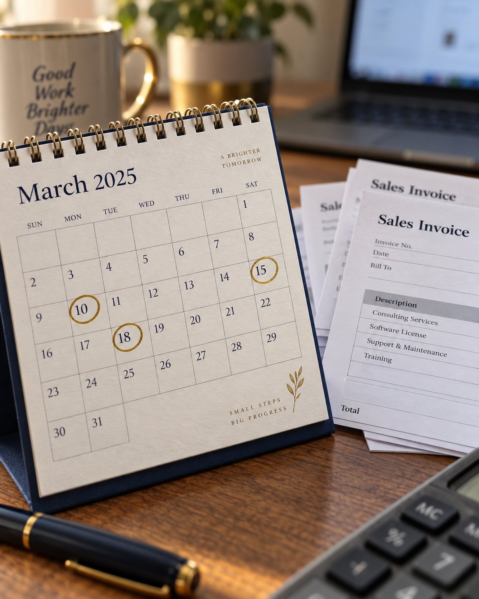 A desk calendar with the 10th, 15th, and 18th circled, next to a stack of sales invoices, marking the monthly sales tax filing cycle