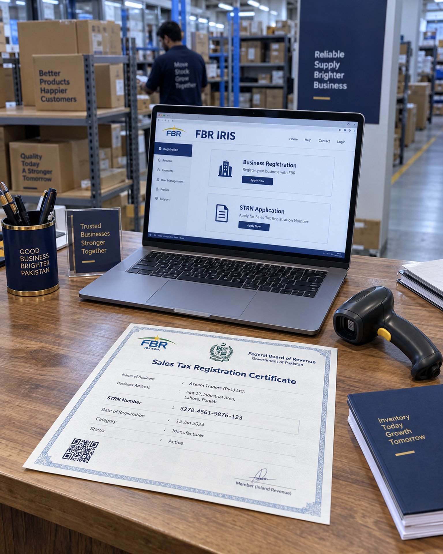 Sales tax registration certificate, a laptop showing the FBR IRIS business registration portal, and a barcode scanner on a warehouse counter