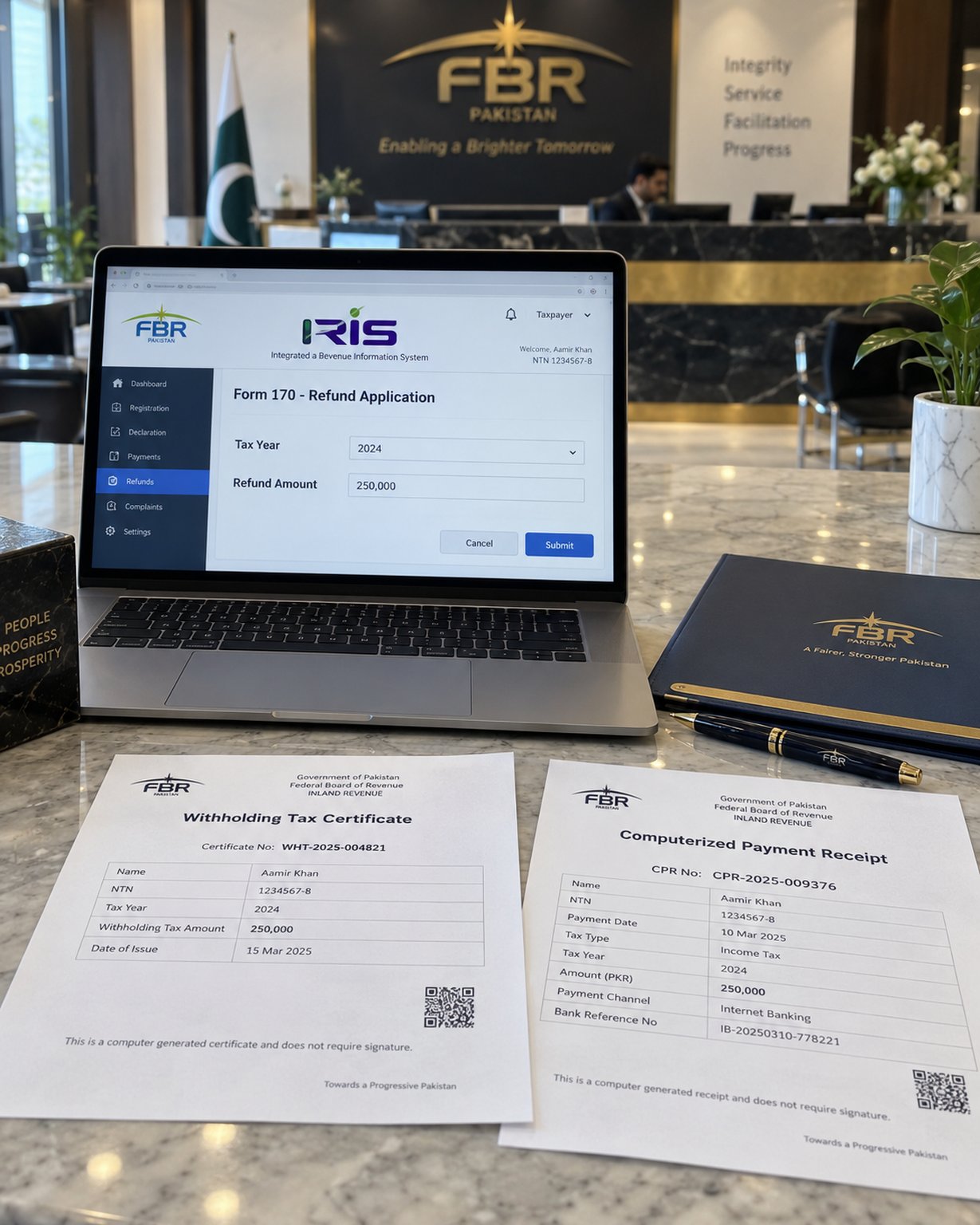 A laptop showing an FBR IRIS Form 170 refund application, a withholding tax certificate, and a computerized payment receipt on a glass desk
