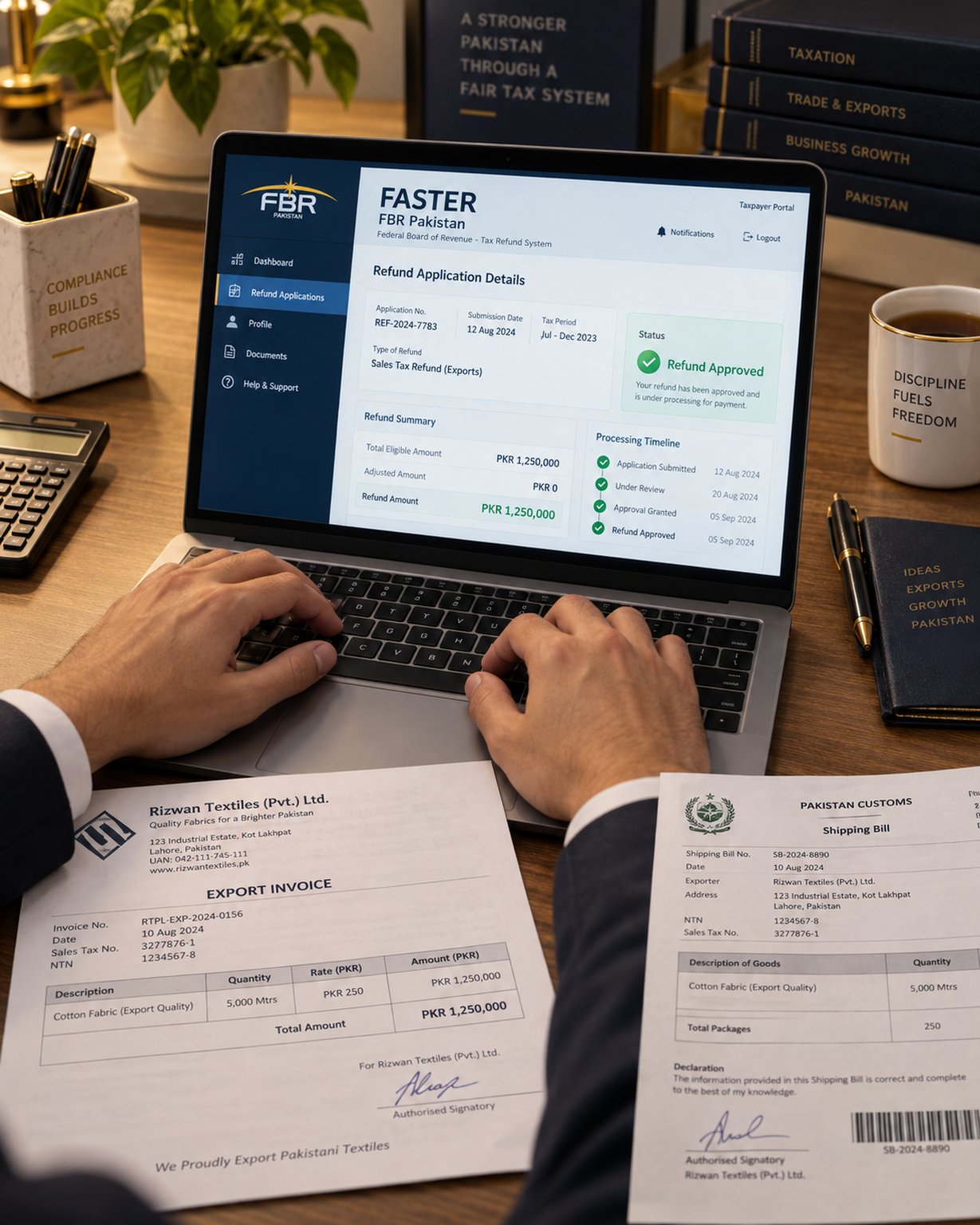 Hands at a laptop keyboard showing an approved FASTER sales tax refund claim, with export invoices and a shipping bill on the desk