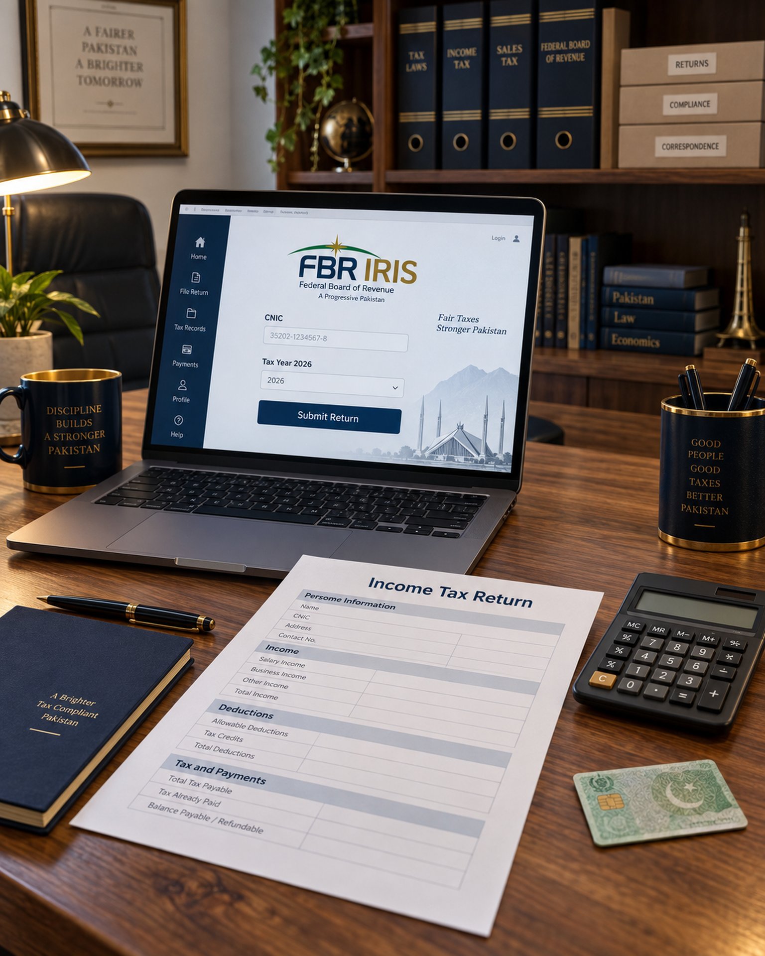 A printed income tax return, a CNIC resting face-down, a calculator, and a laptop showing the FBR IRIS filing portal, with a law-office bookshelf behind
