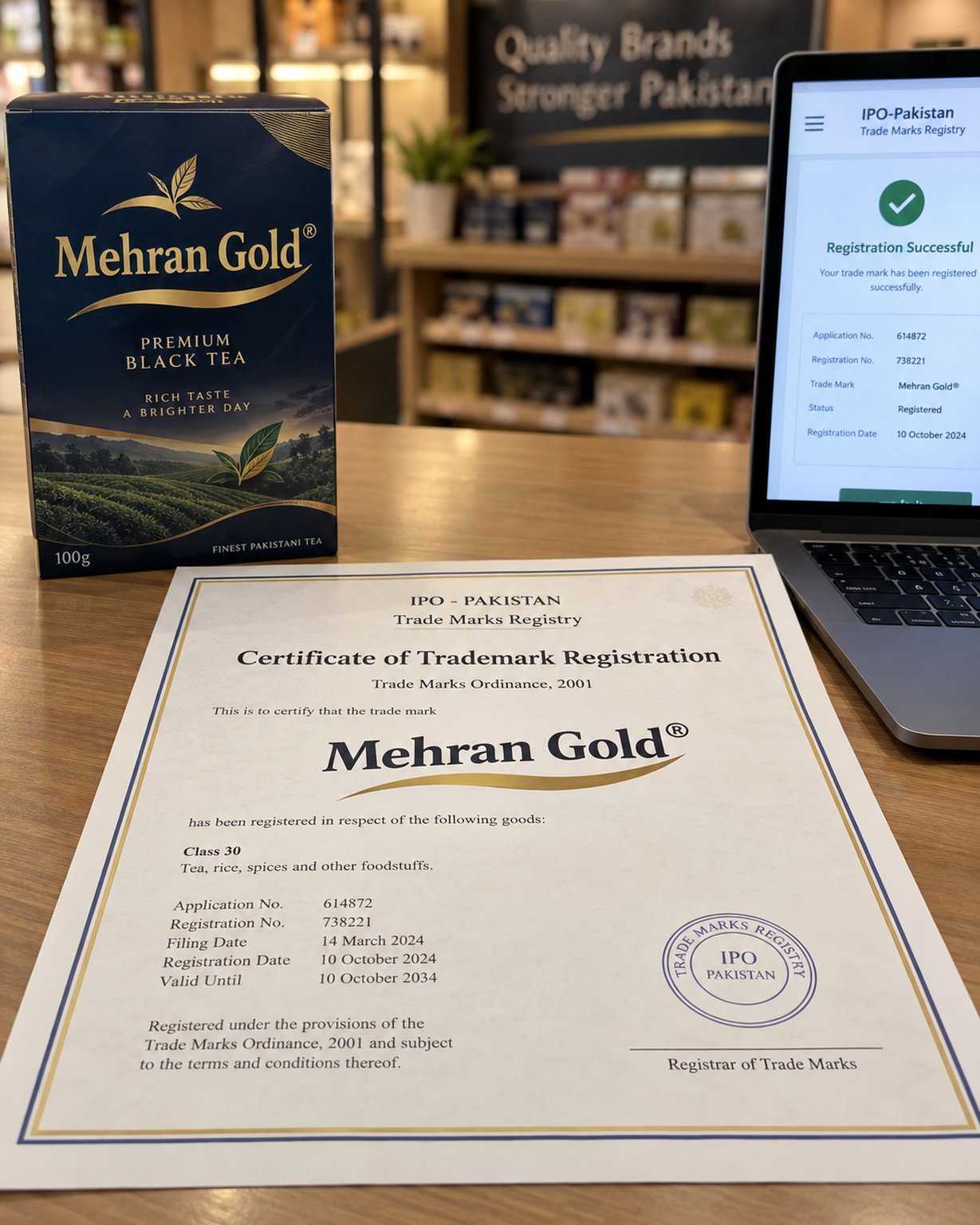 A printed trademark registration certificate and a branded product with a small registered trademark symbol on its label, resting on a retail counter