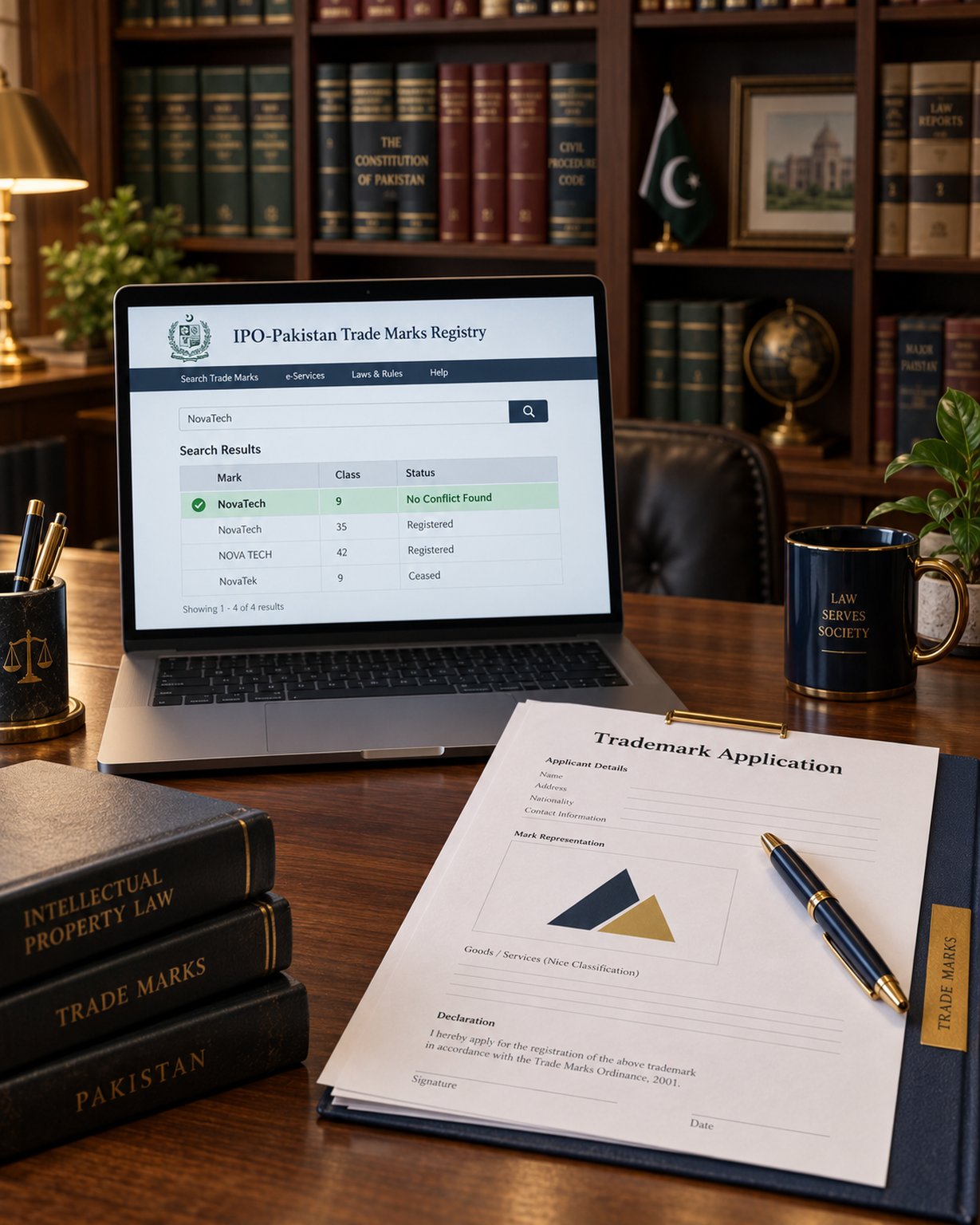 A laptop showing an IPO-Pakistan trademark search results screen, a printed trademark application form and a logo design proof on a desk, law reference books softly out of focus behind