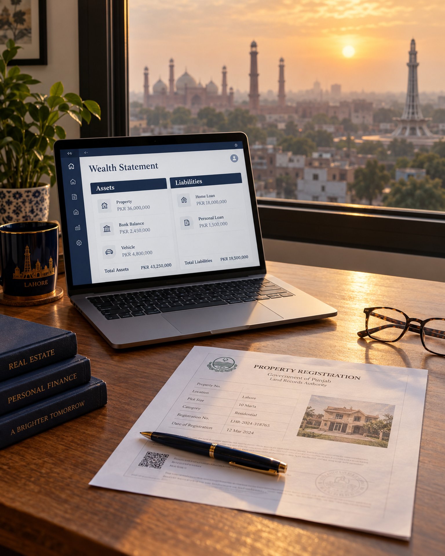 A laptop showing a wealth statement of assets and liabilities beside a printed property registration document, with the Lahore skyline through the window at golden hour