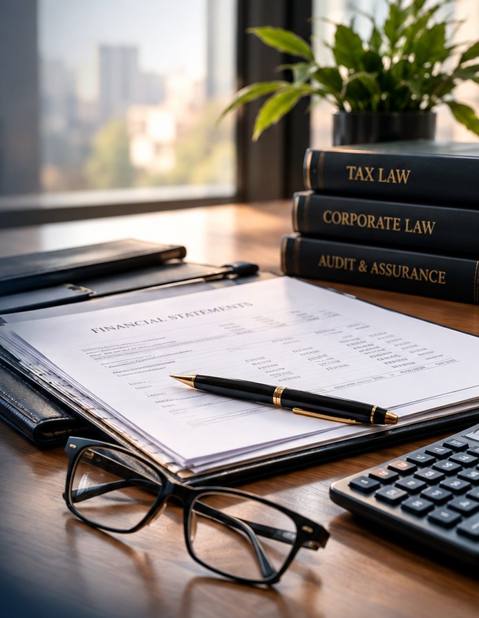 Tax law and corporate law reference books with financial statements, a pen, and glasses on a desk